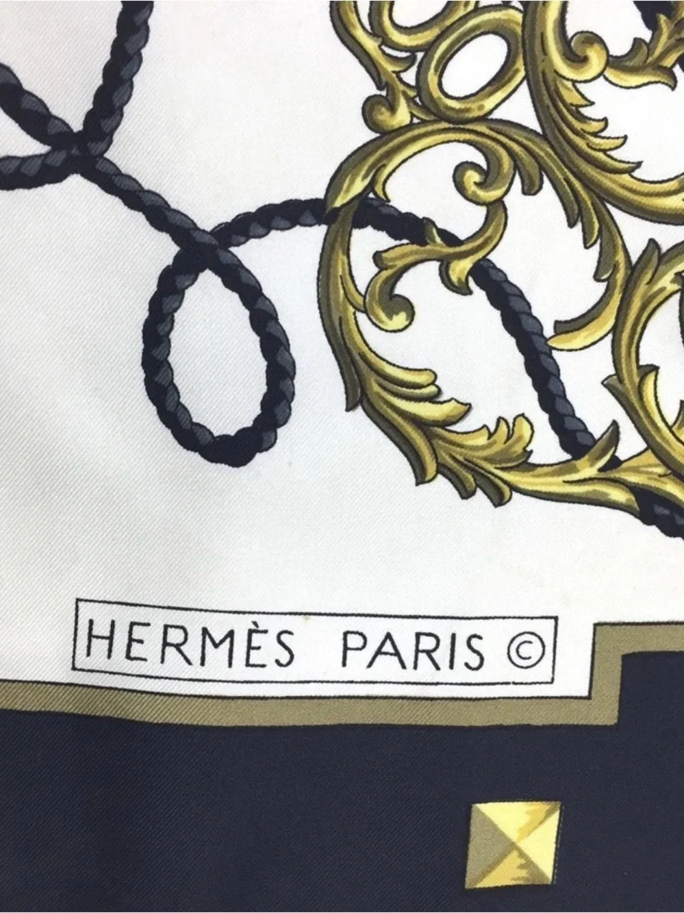 Hermes LES CLES Silk Scarf Carré 90 Black White Hand Rolled Made in France